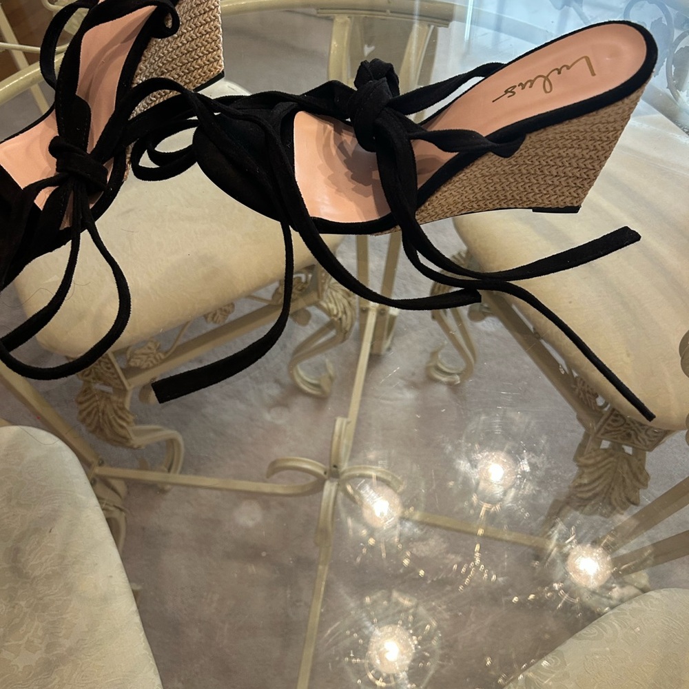Lulus Black and Tan Wedge Sandals
